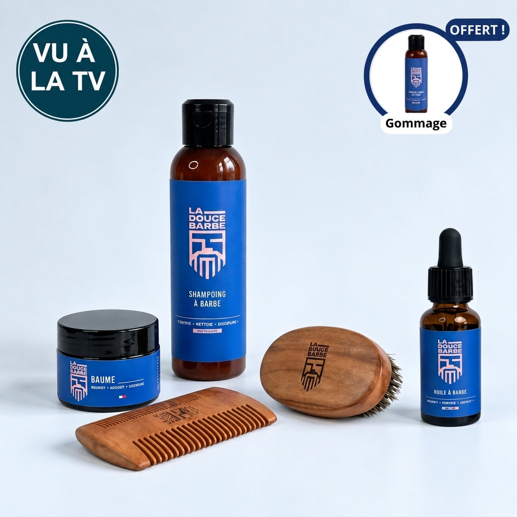 Pack Barbe Douce Complet : huile, baume, shampoing, brosse et peigne à barbe, gommage offert